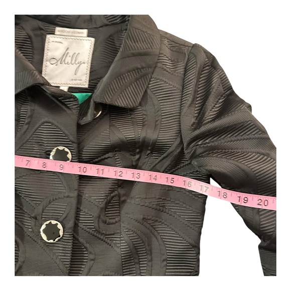 Milly Vintage Textured Black Jacquard Coat Green Lining 3/4 Sleeve Luxury Size 4 - Picture 9 of 15